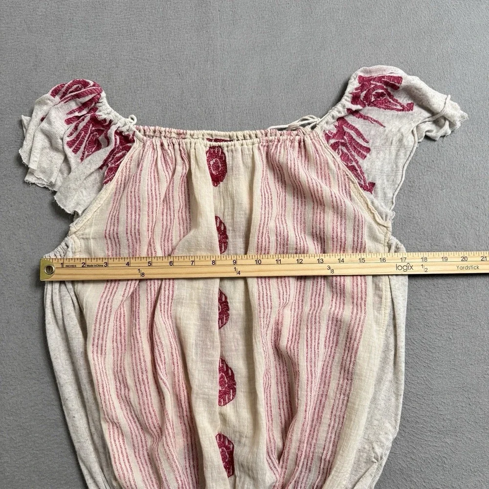 Free People Pukka Tee Womens Small Cream‎ Pink Boho Embroidered Peasant Top